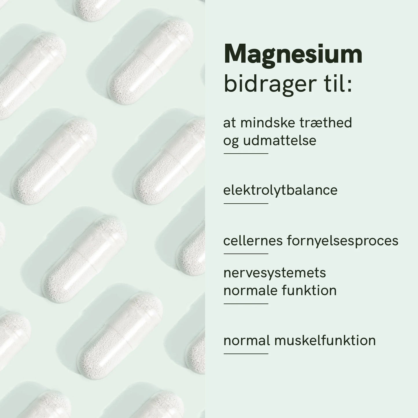 Hvid kapsel på mintgrøn baggrund med dansk tekst om magnesiums fordele: elektrolytbalance, cellefornyelsesproces, nervesystemets normale funktion og muskelfunktion.