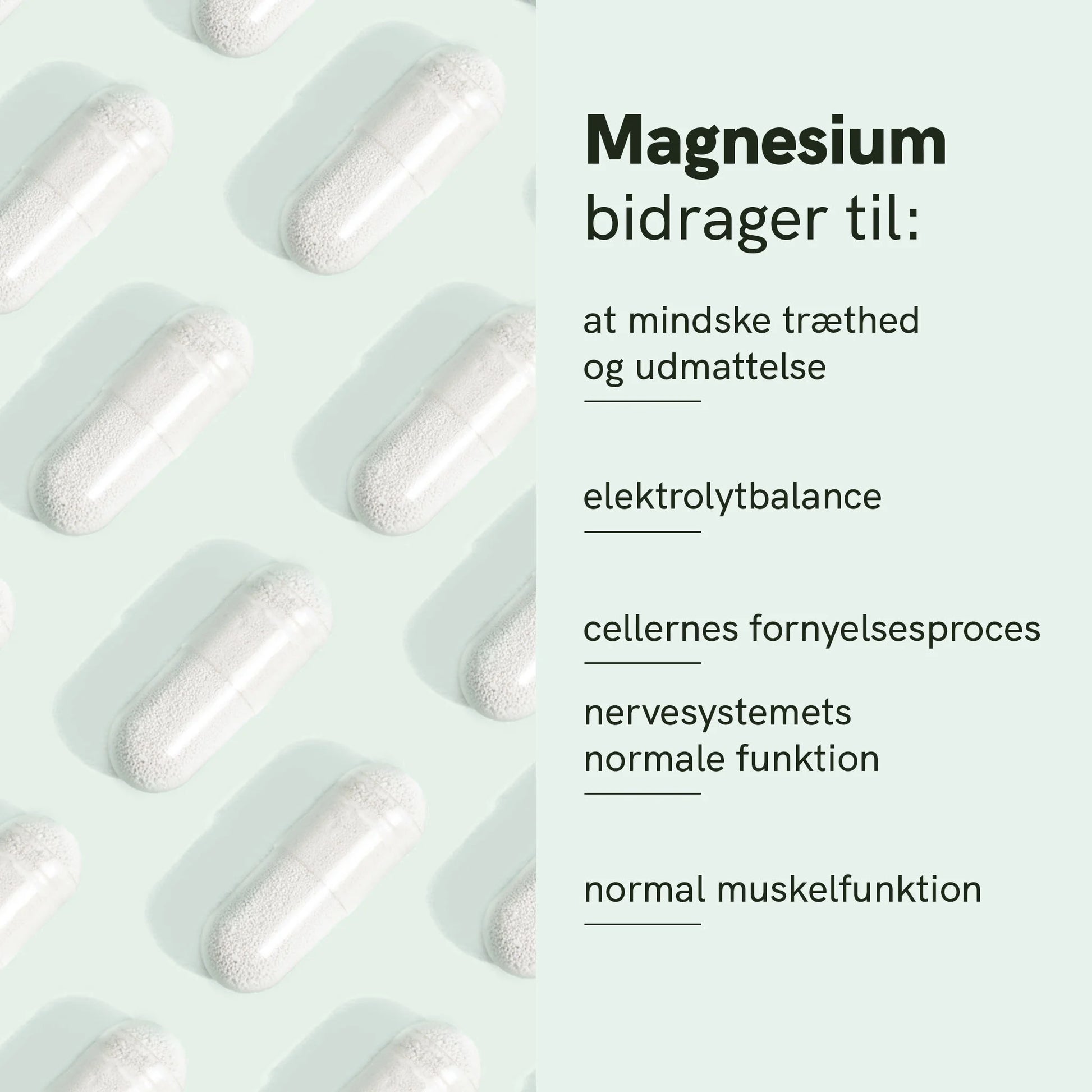 Hvid kapsel på mintgrøn baggrund med dansk tekst om magnesiums fordele: elektrolytbalance, cellefornyelsesproces, nervesystemets normale funktion og muskelfunktion.