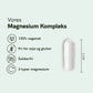 Illustration af Vores Magnesium Kompleks med ikonliste: 100% vegansk, fri for soja og gluten, sukkerfri, 3 typer magnesium, og en hvid kapsel til højre med en 2 cm måleindikator.