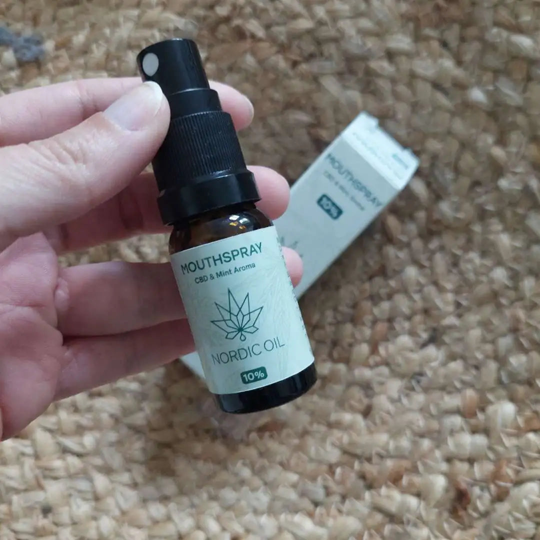 Mundspray CBD & Mint Aroma fra Nordic Oil i lille brunt glas med spraytop og cannabisblad-ikon