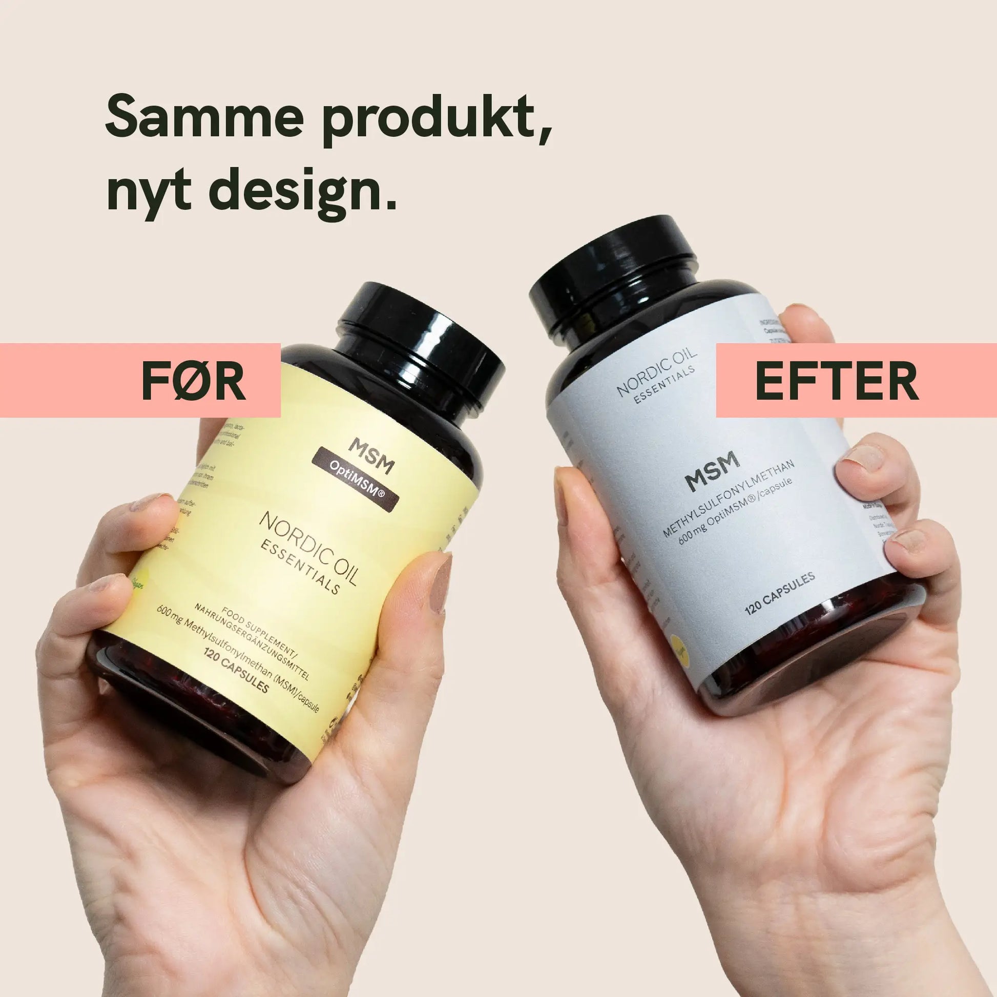 To Nordic Oil MSM-kapsler med før- og efterdesign.