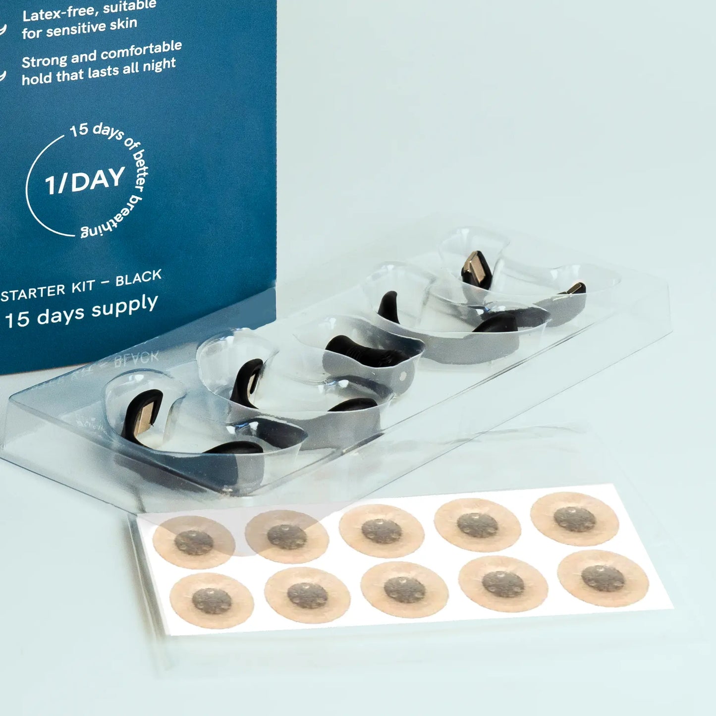 Starterkit i blå æske med 15 dages forsyning og gennemsigtig blisterpakning med runde doseringsenheder