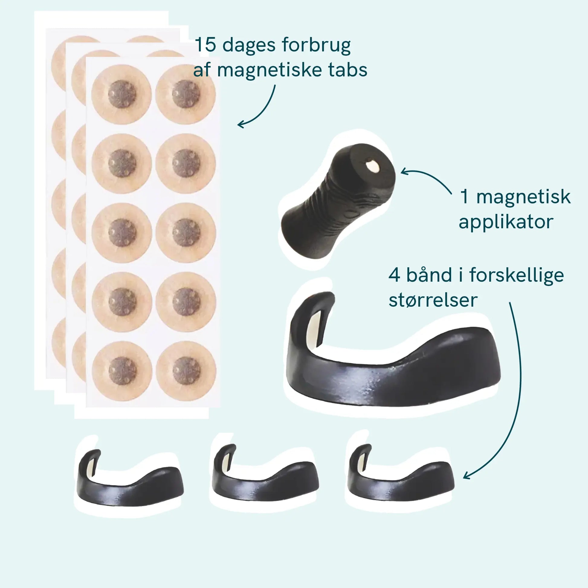 Magnetisk behandlingspakke til Nordic Oil: 15 dages forbrug af magnetiske tabs, 1 magnetisk applikator og fire bånd i forskellige størrelser