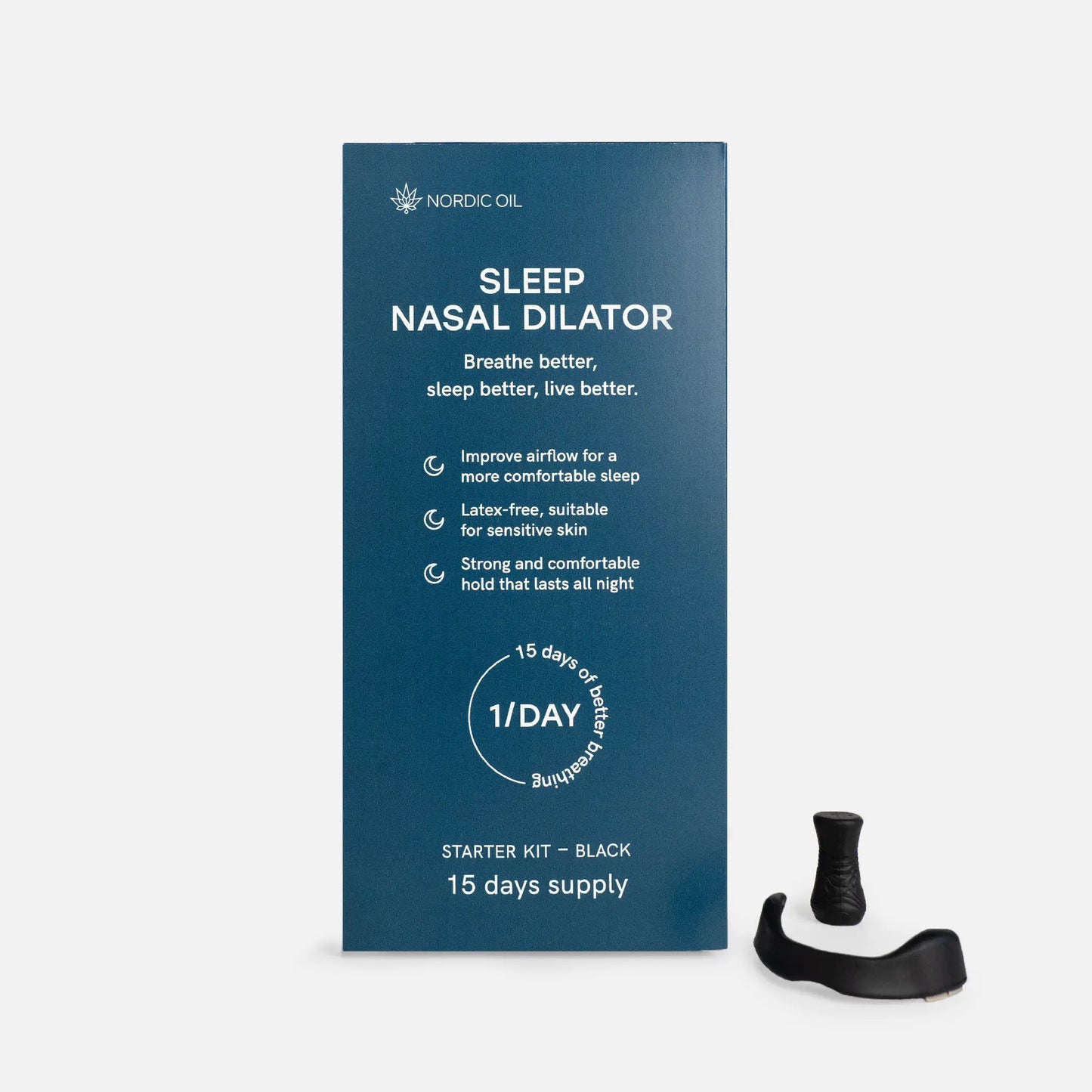Nordic Oil Sleep næsedilator i blå æske med starterkit og sort tilbehør
