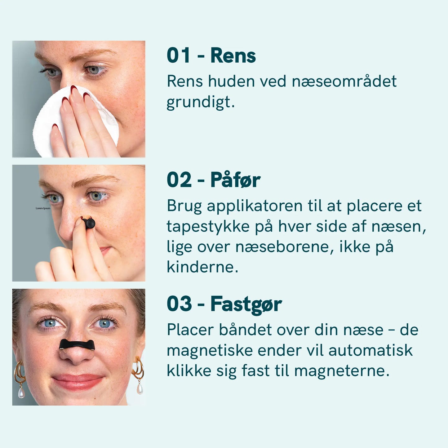 Tre-trins infografik til næseområdet: rens huden, påfør næsetape og fastgør det magnetiske næsebånd.
