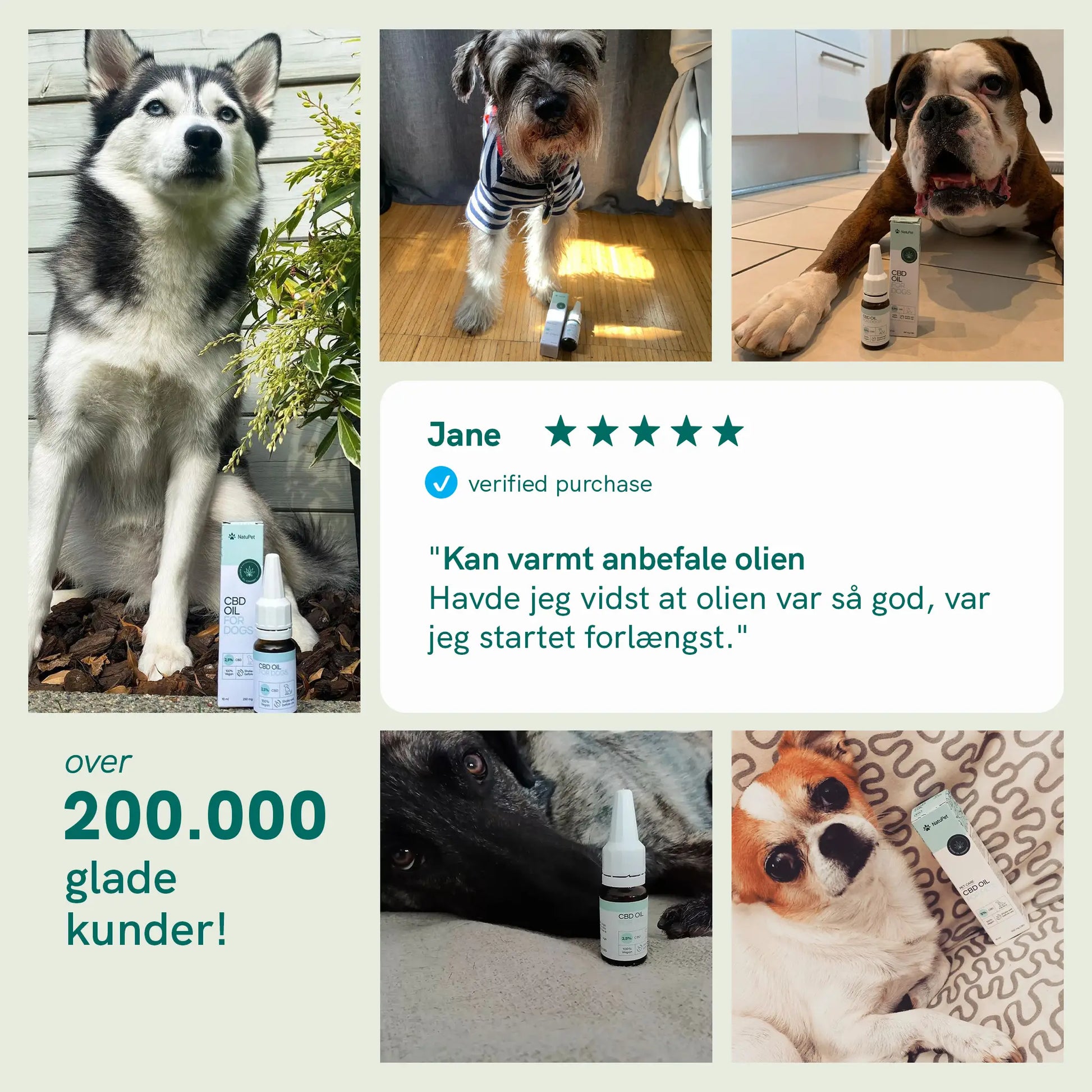 Collage af hunde med Nordic Oil CBD-olie produkter og en kundeudtalelse.