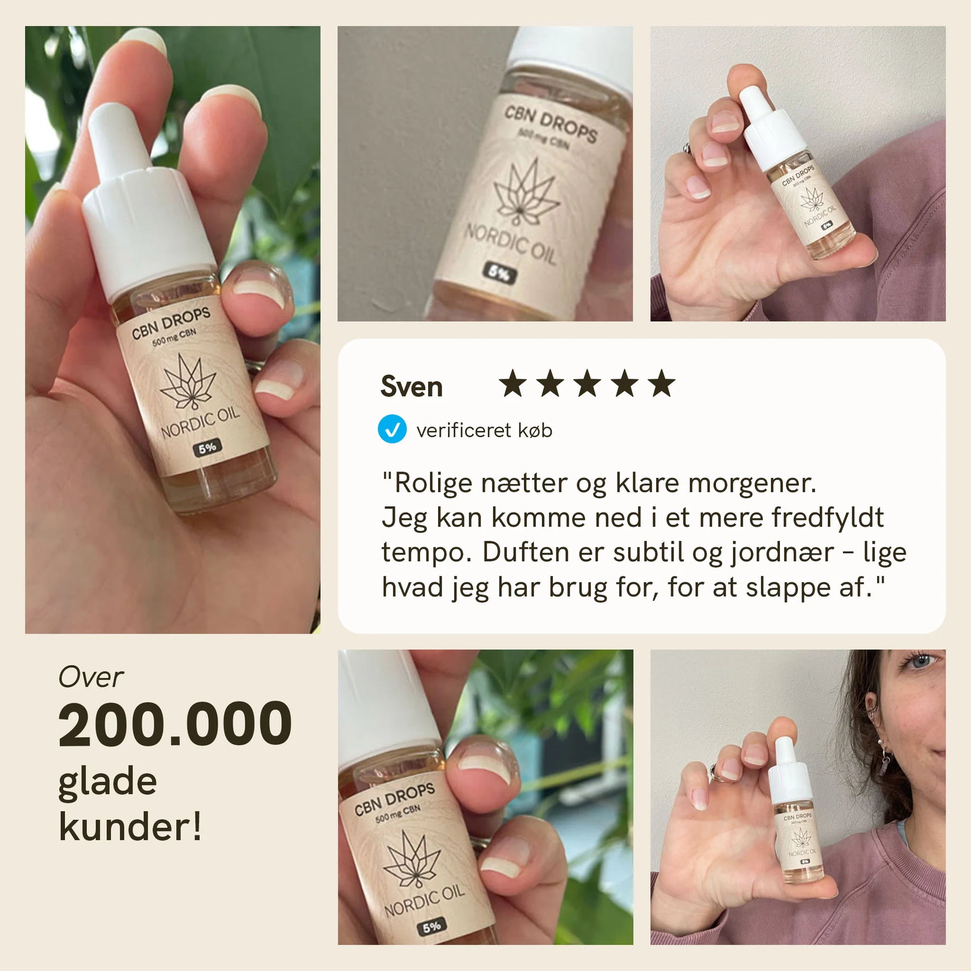 Kollage af Nordic Oil CBN Drops CBD-dråber i hånd og produktbilleder samt tekst om over 200.000 glade kunder.