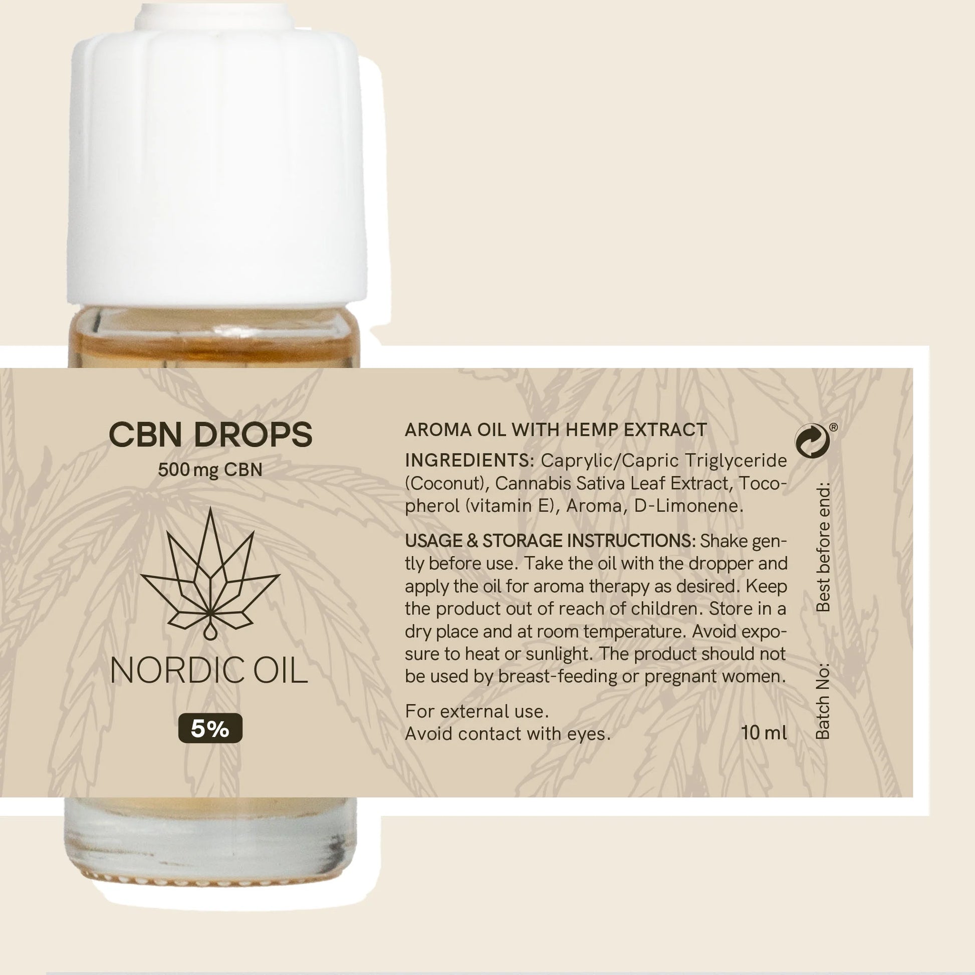 CBN Drops flaske fra Nordic Oil med etiket og cannabisblad i baggrunden