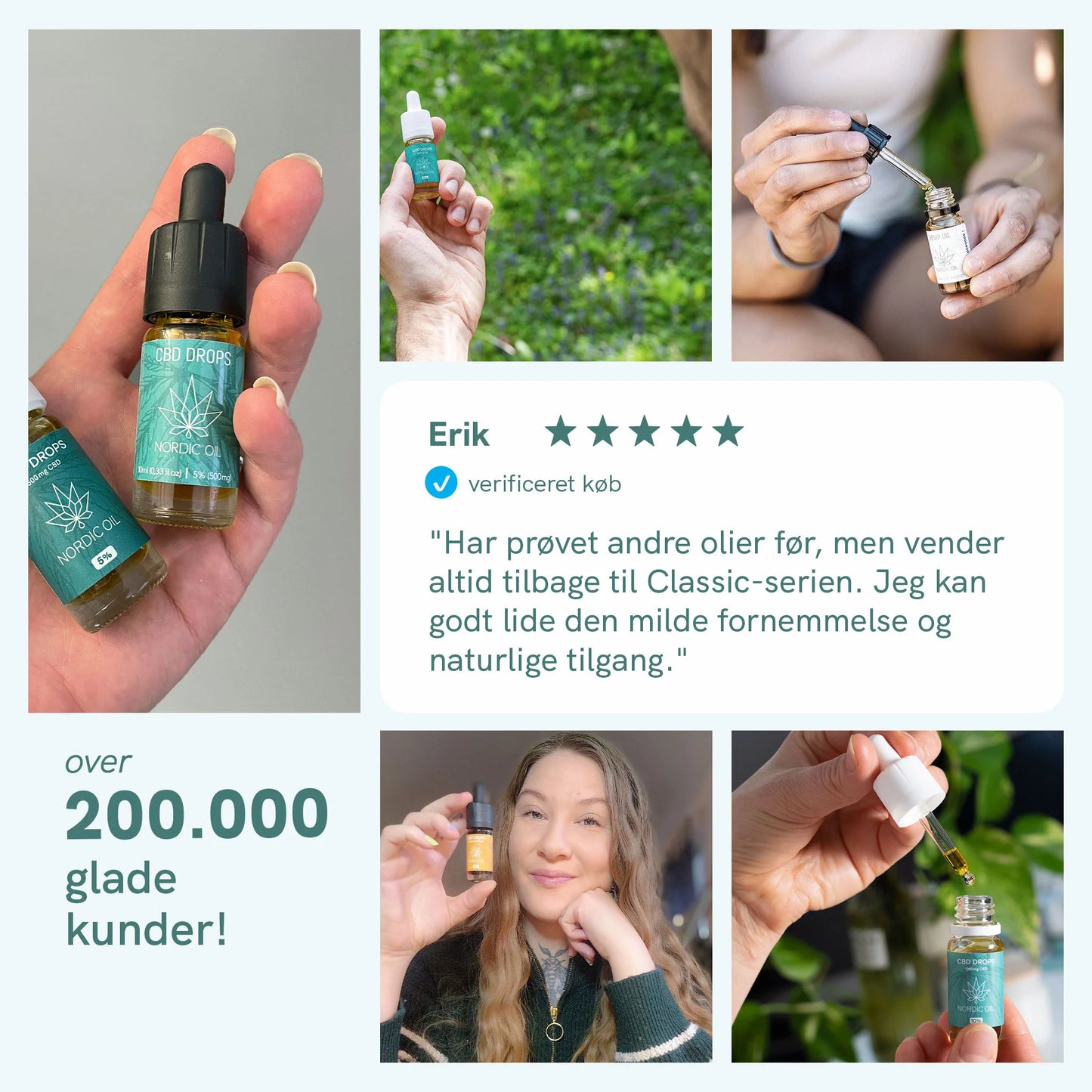 Kollage af Nordic Oil CBD-dråber og kundeanmeldelser.