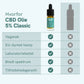 Infografik af Nordic Oil CBD-olie 5% Classic med tabel, der viser vegansk, EU-dyrket hamp, laboratorietestet, bredt spektrum og tilfredshedsgaranti.