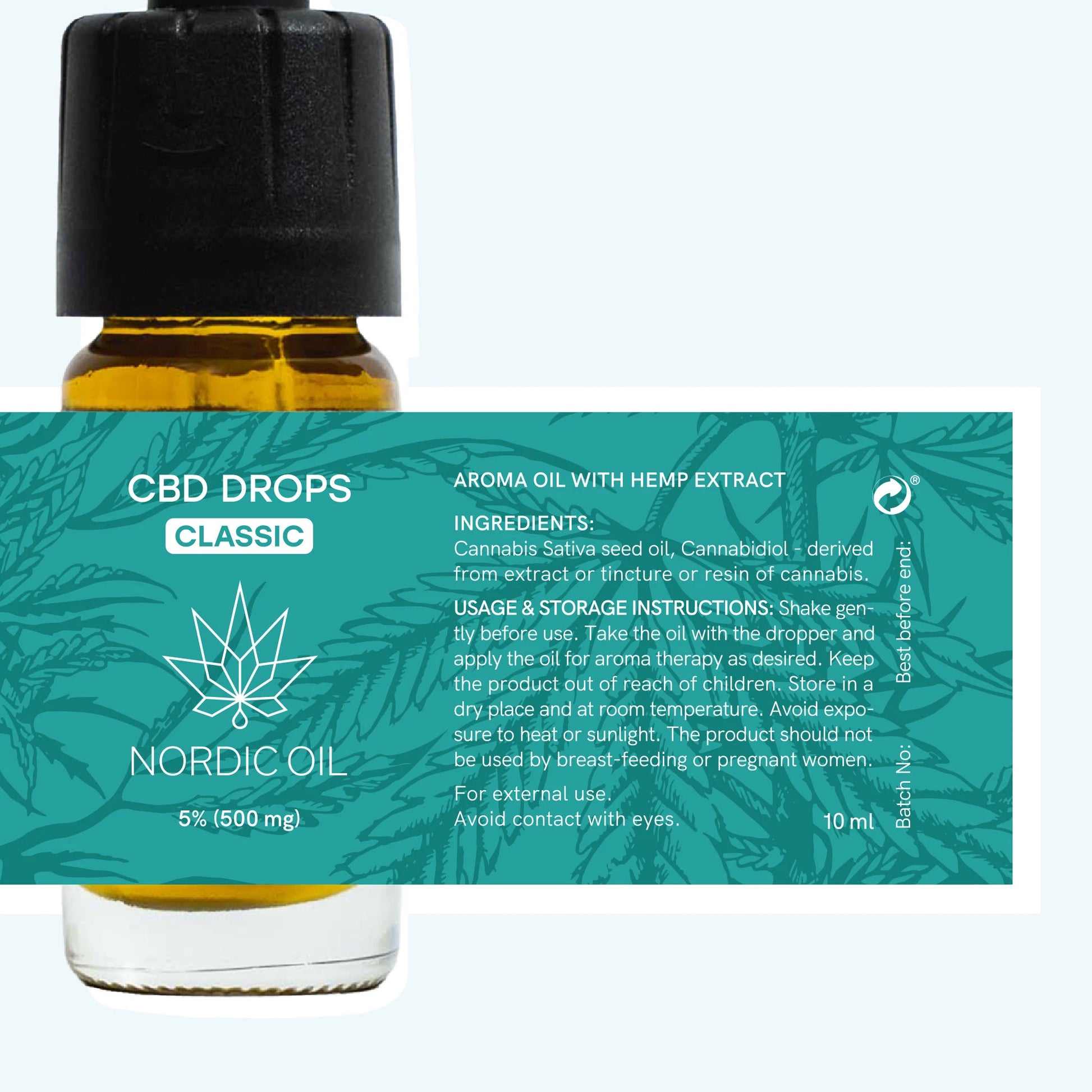 Flaske med CBD-olie fra Nordic Oil Classic, 5% (500 mg), turkisblå etikett med hampblad-design
