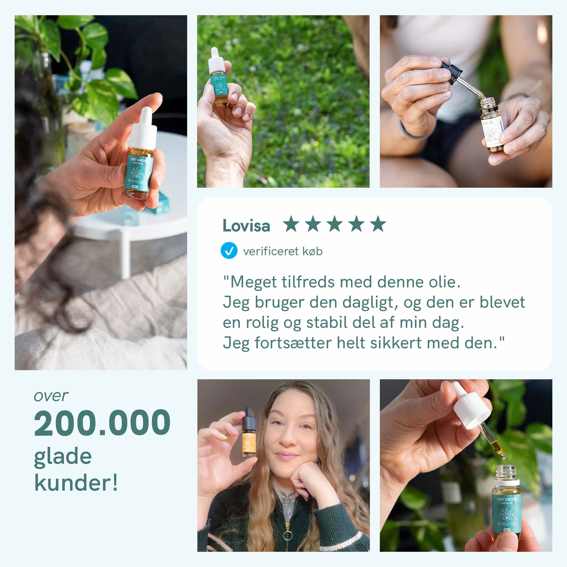 Kollage af CBD-olieflasker og en dropper med en kundeanmeldelse i lysegrønne nuancer.