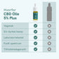 Infografik: Hvorfor CBD Olie 5% Plus – vegansk, EU-dyrket hamp, laboratorietestet, fuldt spektrum og tilfredshedsgaranti (billedet viser en CBD-olieflaske).