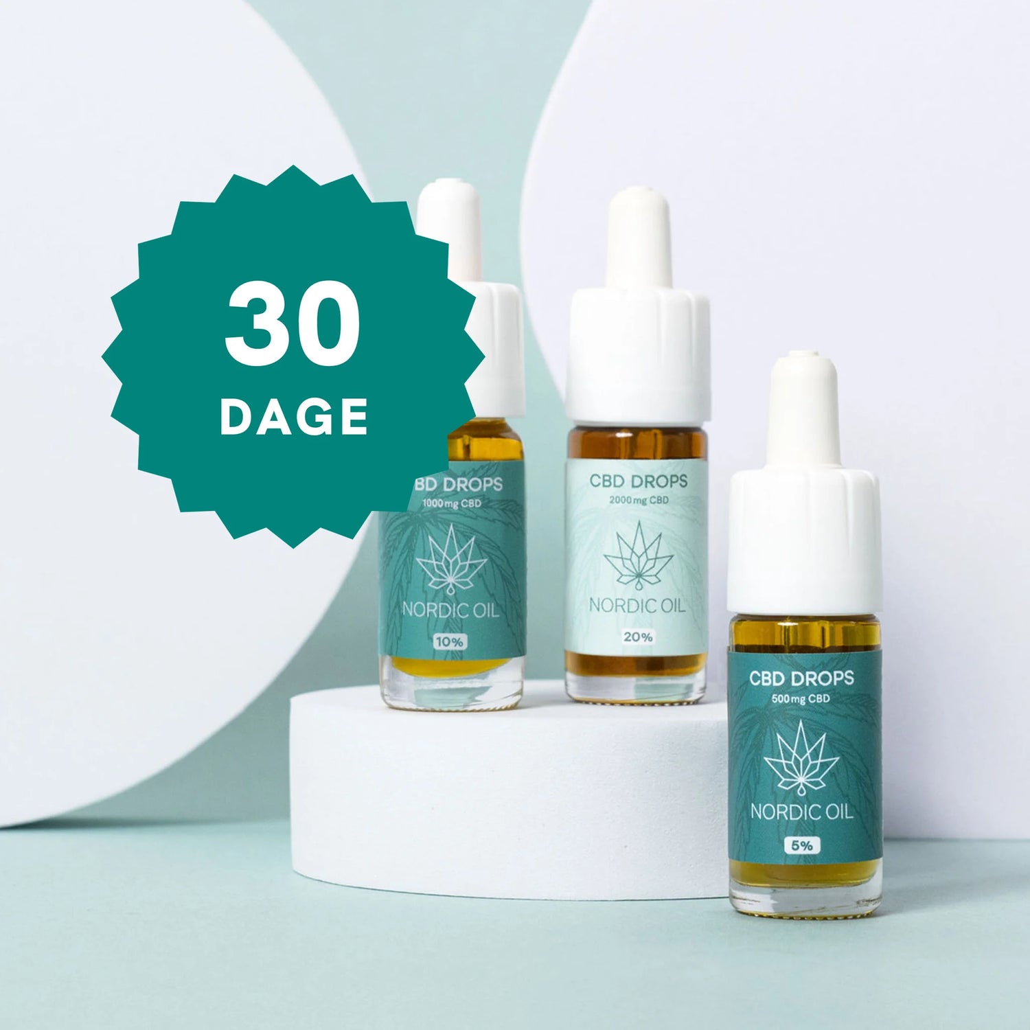 Tre CBD-drops-flasker fra Nordic Oil med 30-dages kampagnebadge