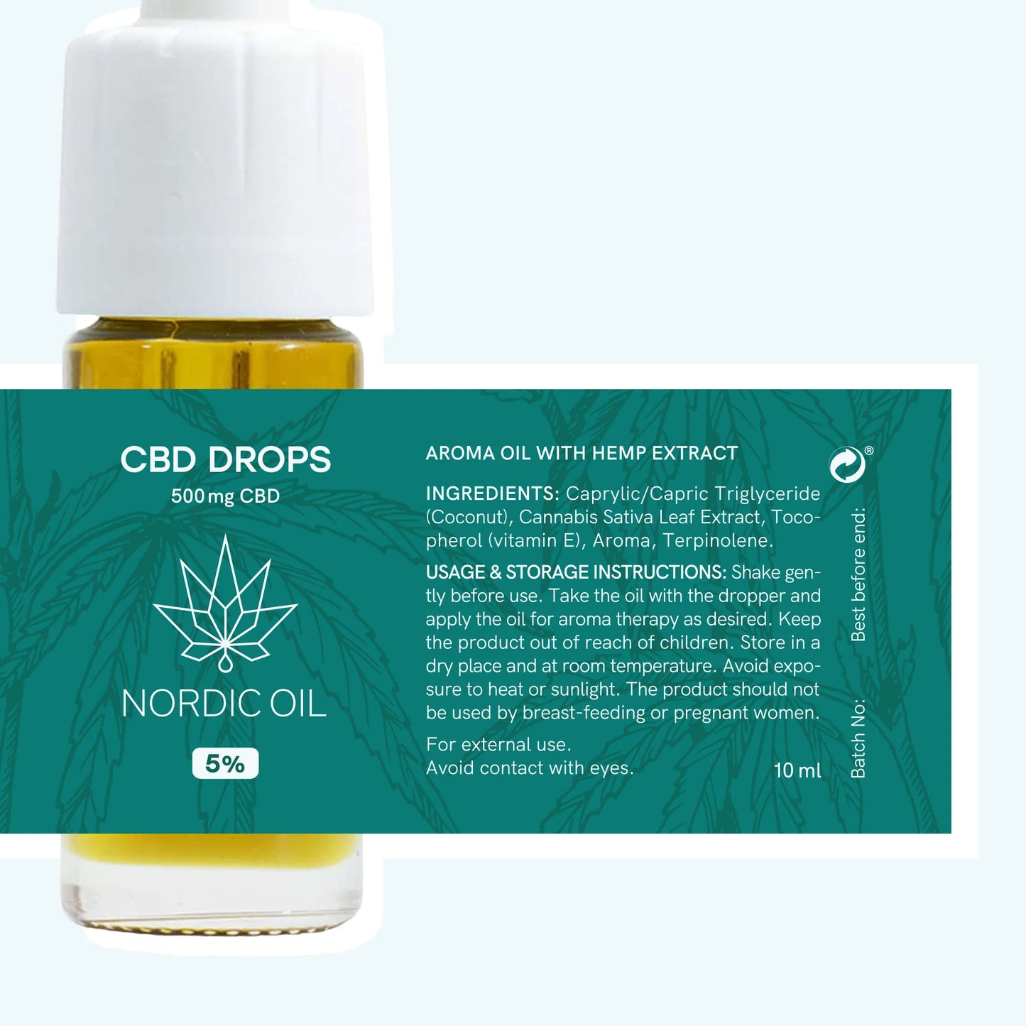 CBD-olieflaske fra Nordic Oil med hampblad-etiket.