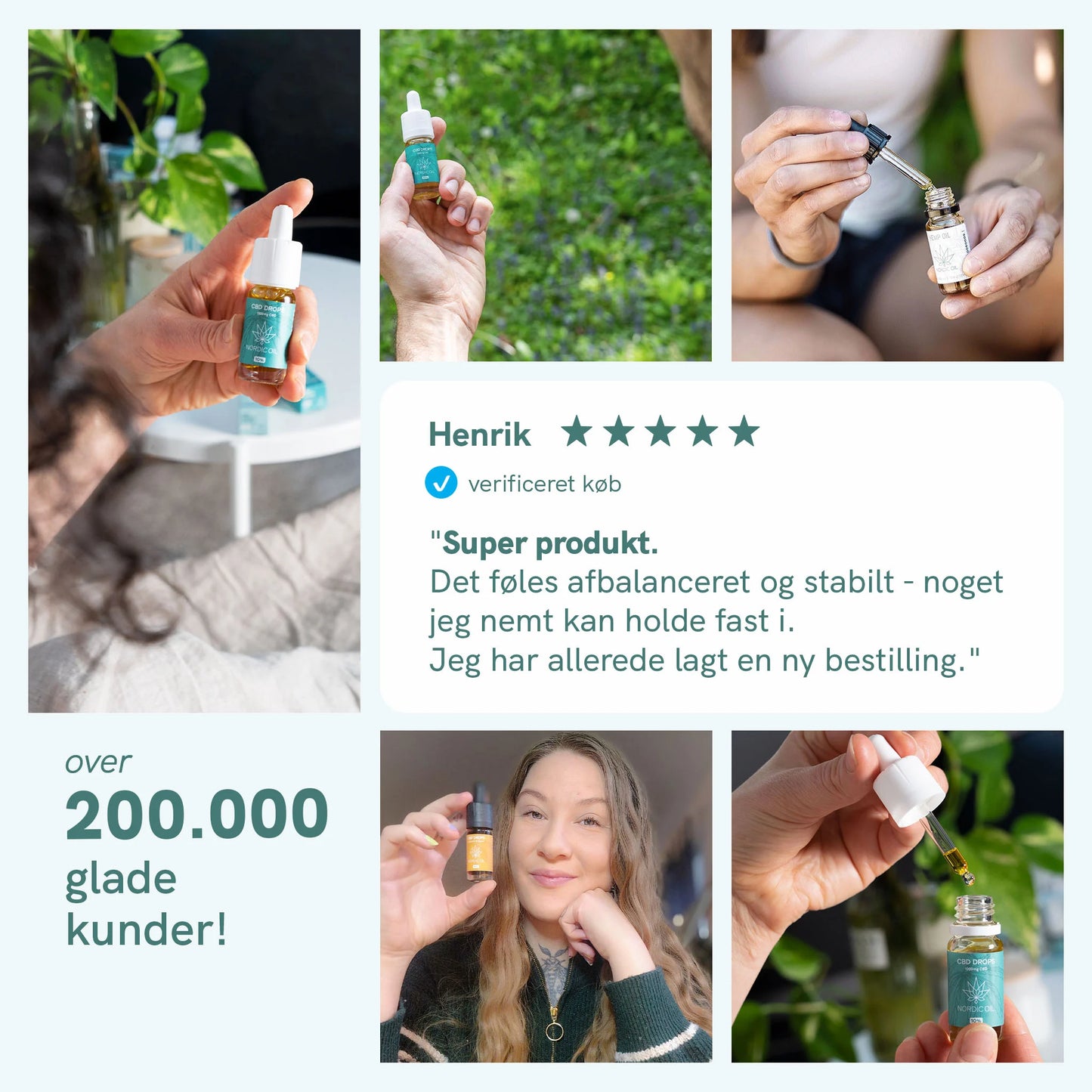 Kollage af Nordic Oil CBD-olie produkter (dråber og flasker) og glade kunder.