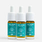 Tre CBD-drops-flasker med Nordic Oil-etiket i turkis farve og hvide dropper-kapper