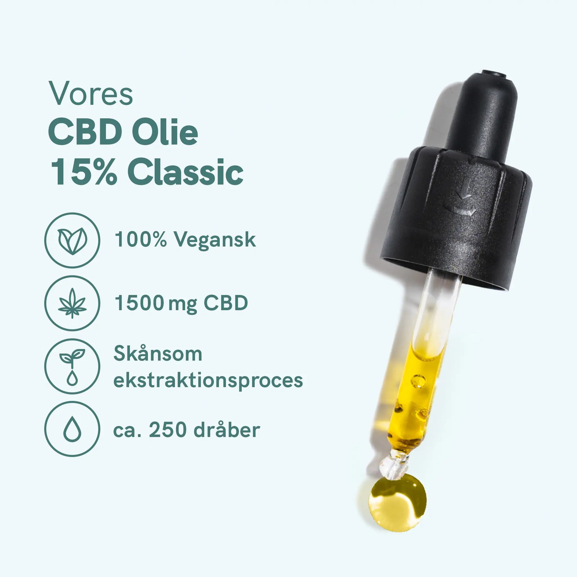 Vores CBD Olie 15% Classic med dropper og ikonliste: 100% vegansk, 1500 mg CBD, skånsom ekstraktionsproces, ca. 250 dråber
