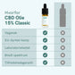 CBD Olie 15% Classic-flaske fra Nordic Oil med en checkliste, der viser vegansk, EU-dyrket hamp, laboratorietestet, bredt spektrum og tilfredshedsgaranti