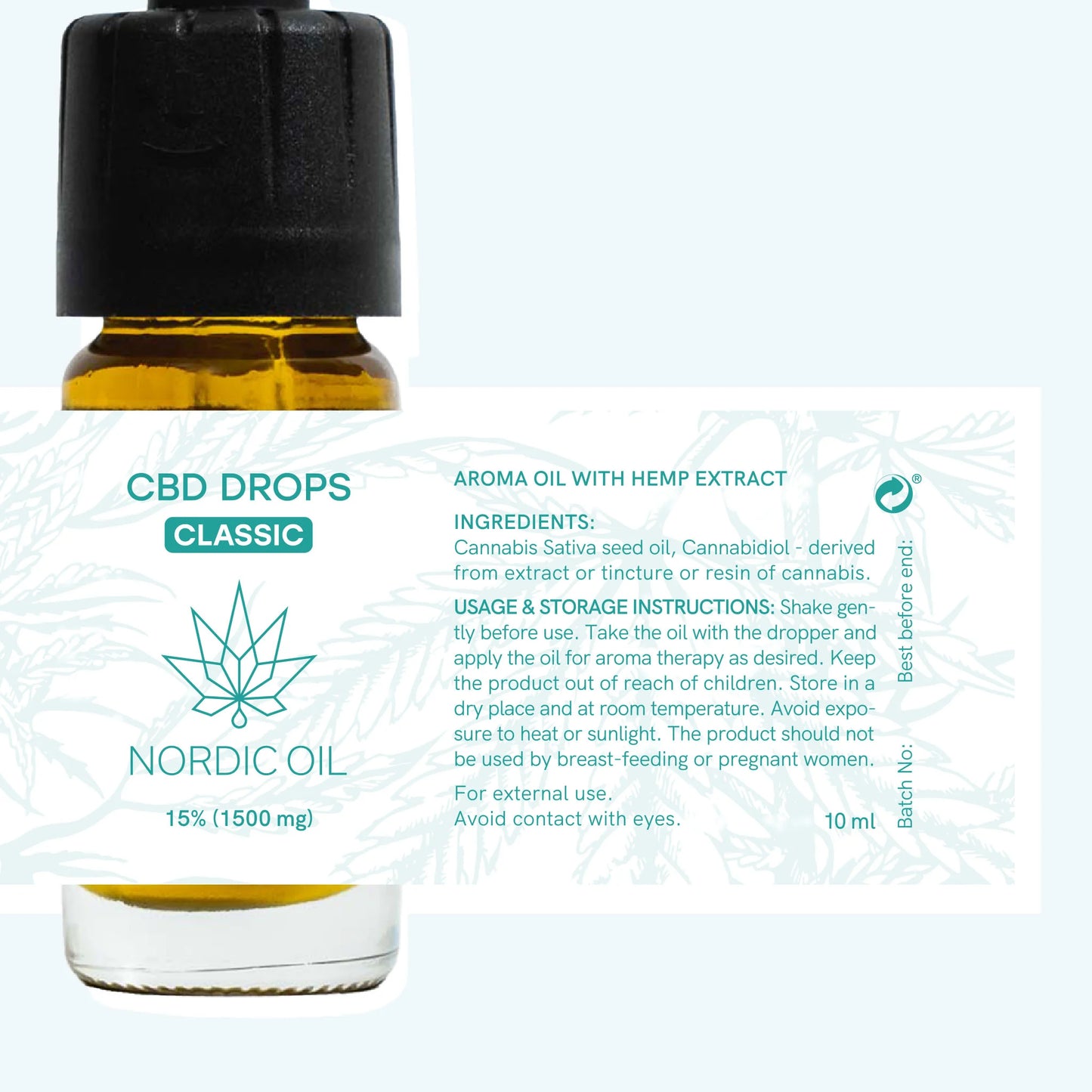 Flaske med CBD-dråber Classic fra Nordic Oil og etiket med hampblad-motiv.