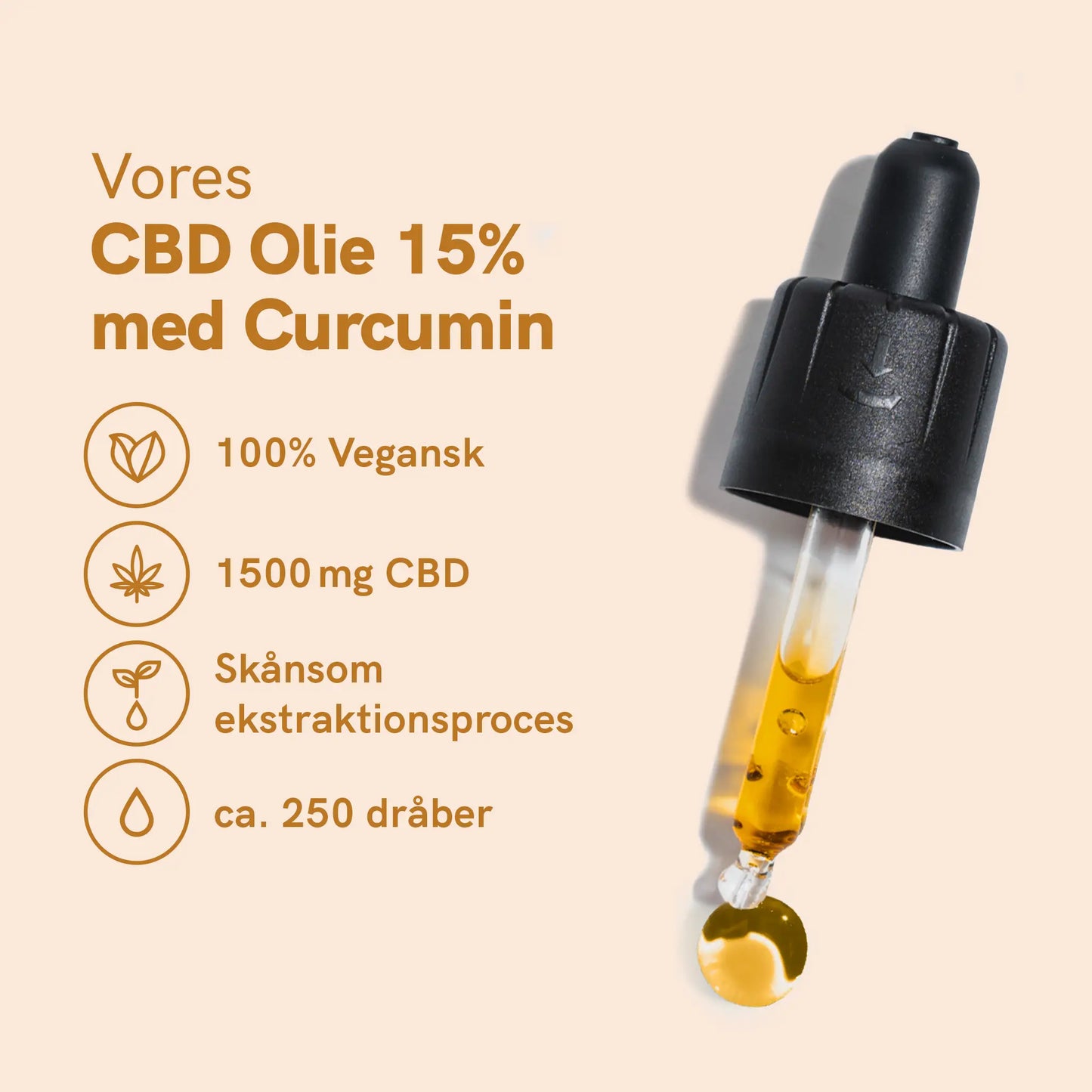 Vores CBD Olie 15% med Curcumin – dropper med olie til højre og ikonliste med 100% Vegansk, 1500 mg CBD, skånsom ekstraktionsproces og ca. 250 dråber