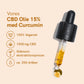 Vores CBD Olie 15% med Curcumin – dropper med olie til højre og ikonliste med 100% Vegansk, 1500 mg CBD, skånsom ekstraktionsproces og ca. 250 dråber