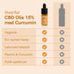Infografik om CBD-olie 15% med curcumin – viser en CBD-dropsflaske og en tabel med vegansk, EU-dyrket hamp, laboratorietestet, piperin & curcumin og fuldt spektrum.