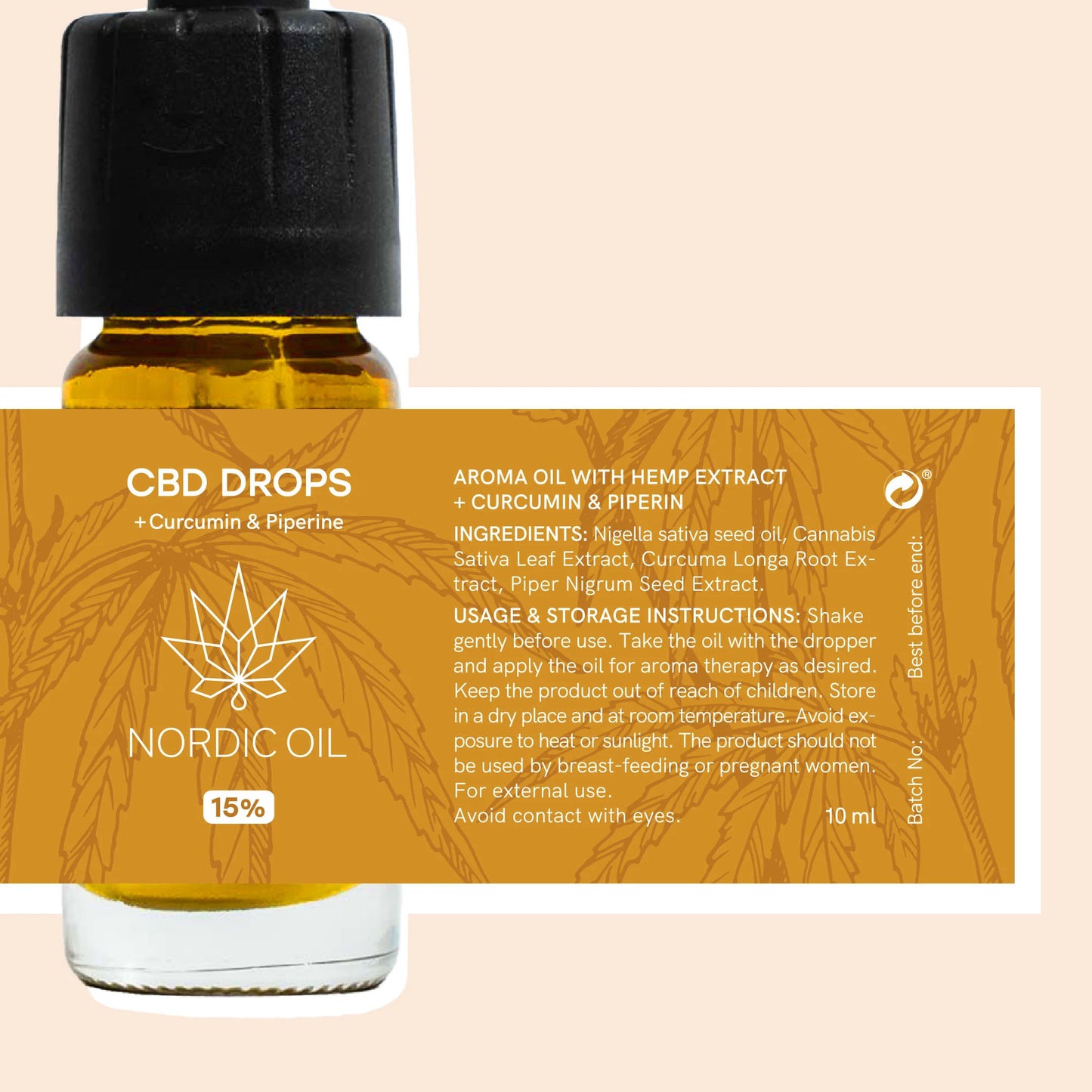 CBD-dråber fra Nordic Oil med kurkumin og piperin på orange etiket