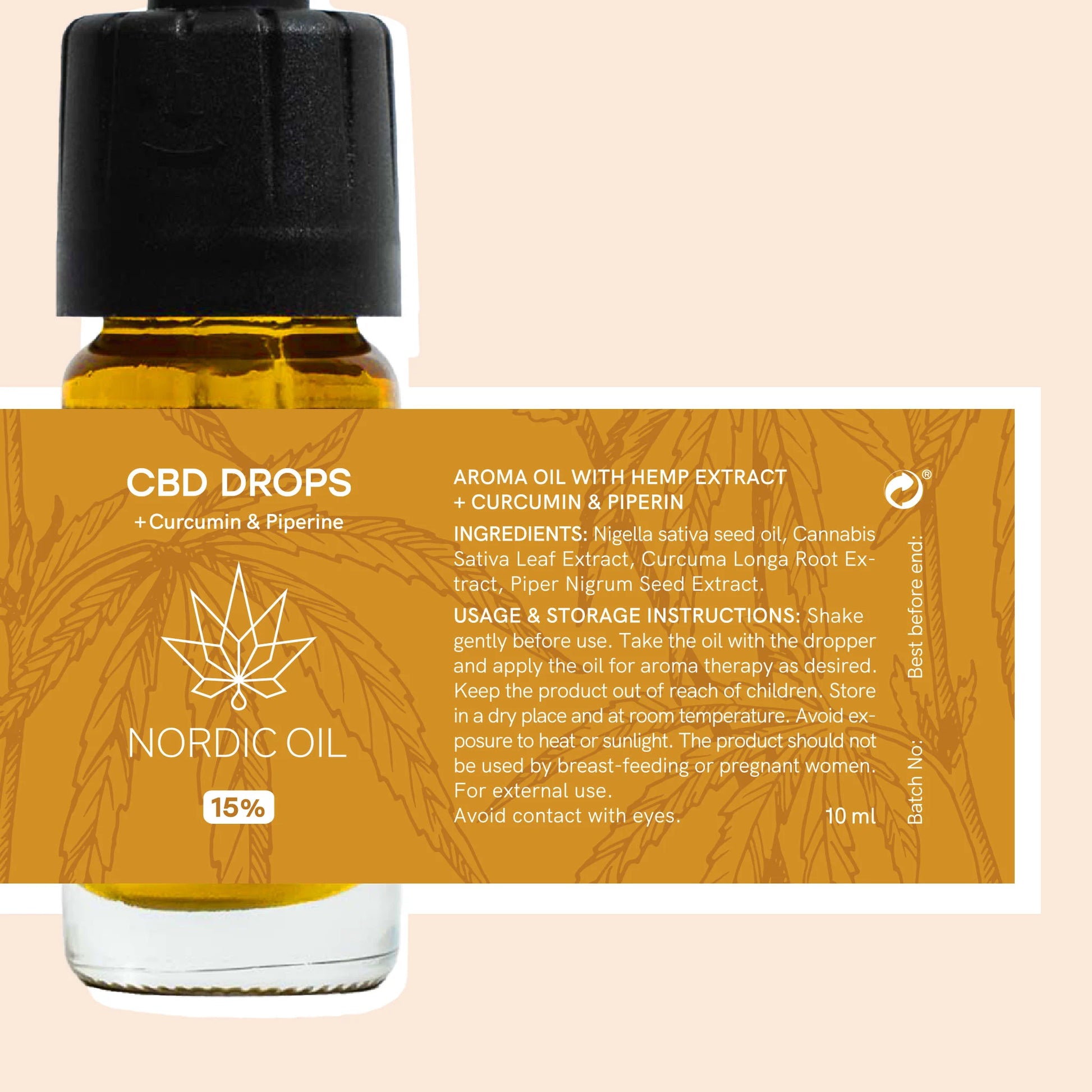 CBD-dråber fra Nordic Oil med kurkumin og piperin på orange etiket