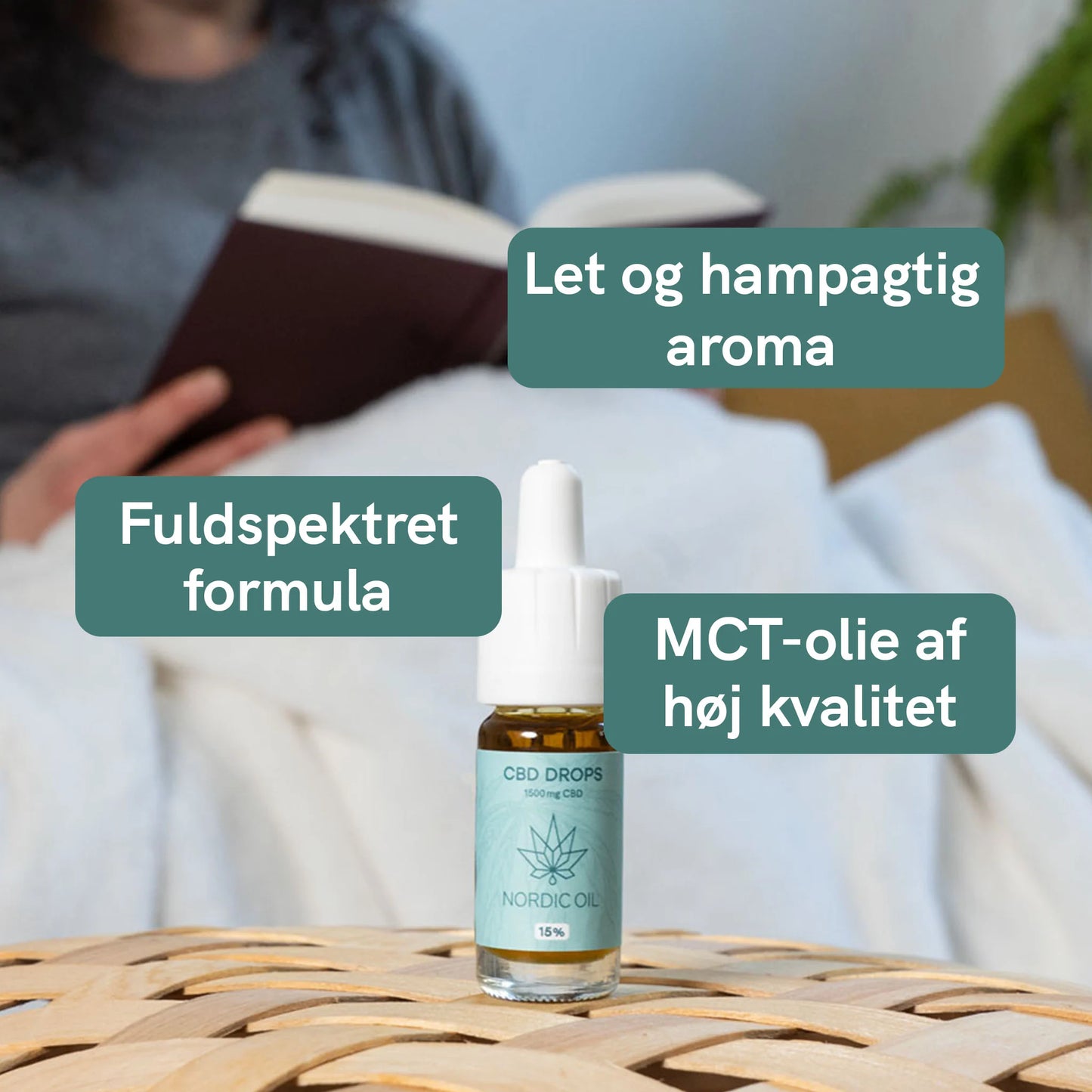 CBD-dråber fra Nordic Oil med tre grønne tekstbobler: Let og hampagtig aroma, Fuldspektreret formel, MCT-olie af høj kvalitet