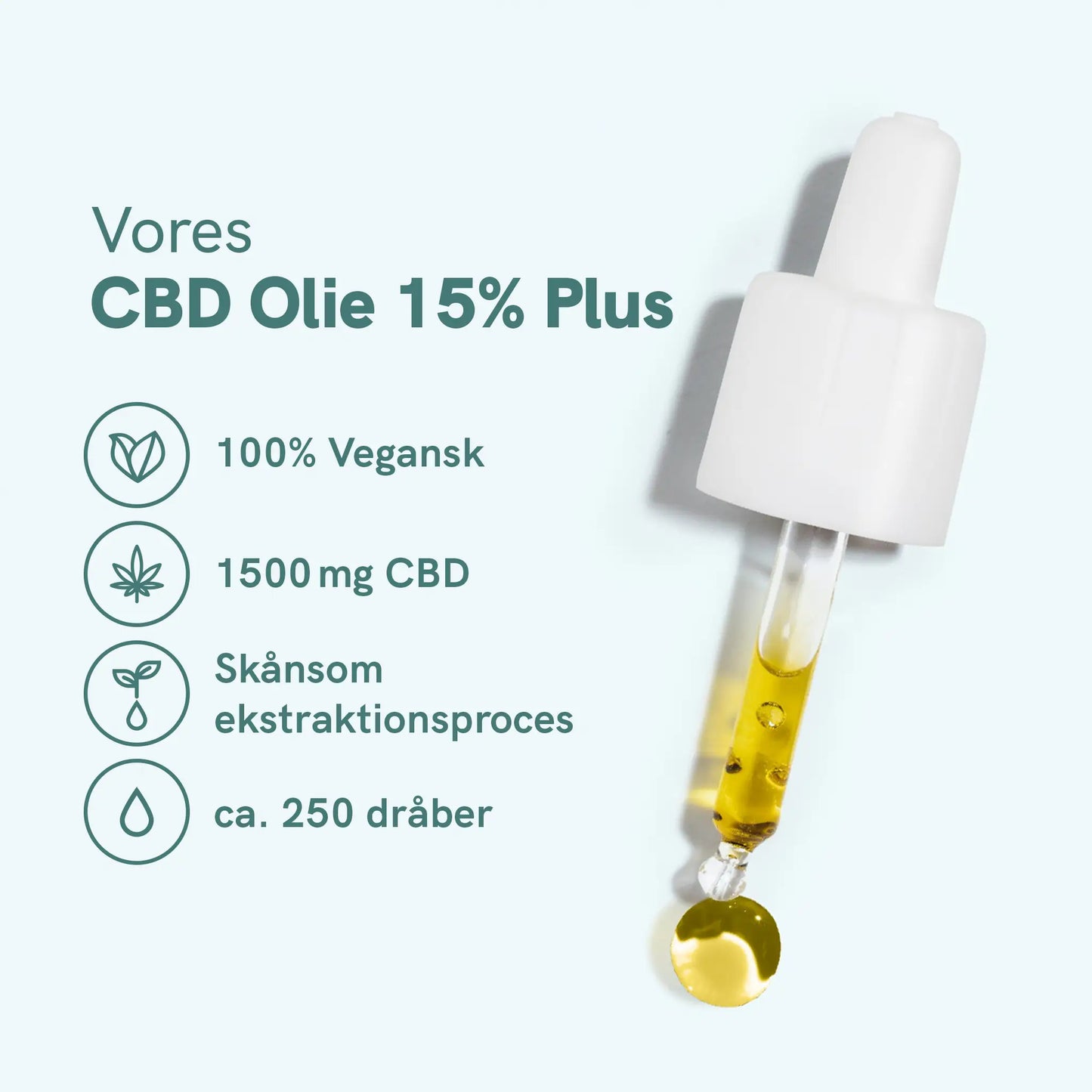 CBD Olie 15% Plus - dropperflaske med ikonliste: 100% vegansk, 1500 mg CBD, skånsom ekstraktionsproces, ca. 250 dråber