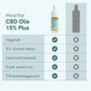 Infografik om CBD-olie 15% Plus med en flaske CBD-olie og tjekmærker og kryds ved kategorierne Vegansk, EU-dyrket hamp, laboratorietestet, fuldt spektrum og tilfredshedsgaranti