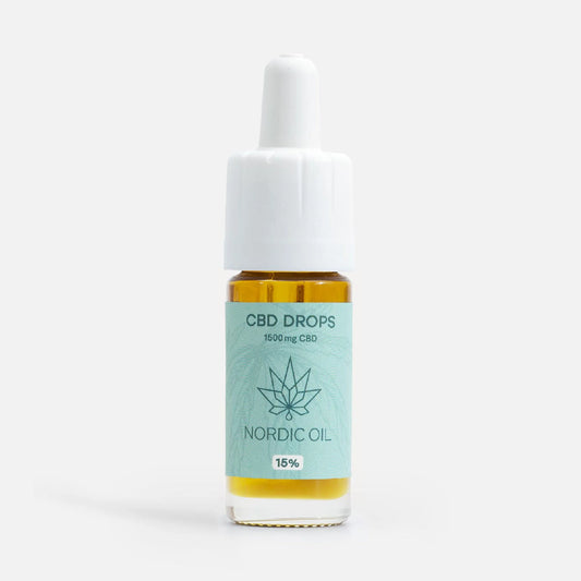CBD-drops i lille amberflaske med blå etiket og cannabisblad, Nordic Oil 1500 mg CBD