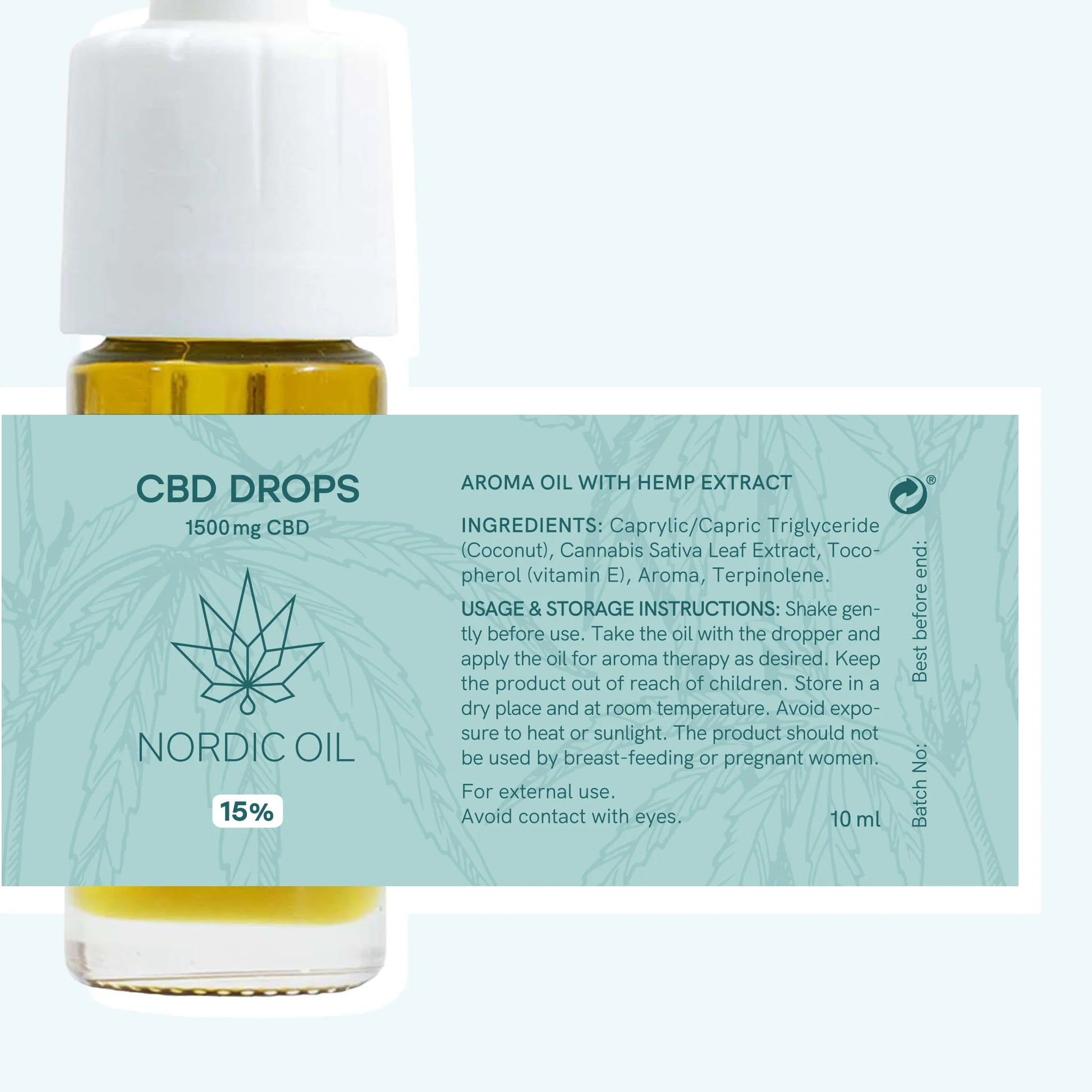CBD-dråber i glasflaske med dropper og Nordic Oil-mærke.