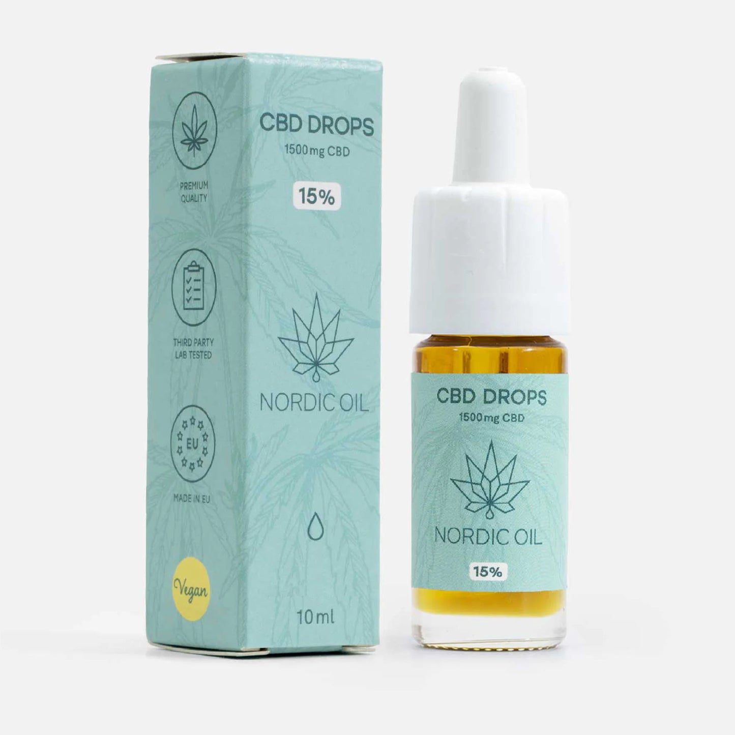 Nordic Oil CBD-dråber i glasflaske med dropper og lyseblå æske (10 ml, 1500 mg CBD)