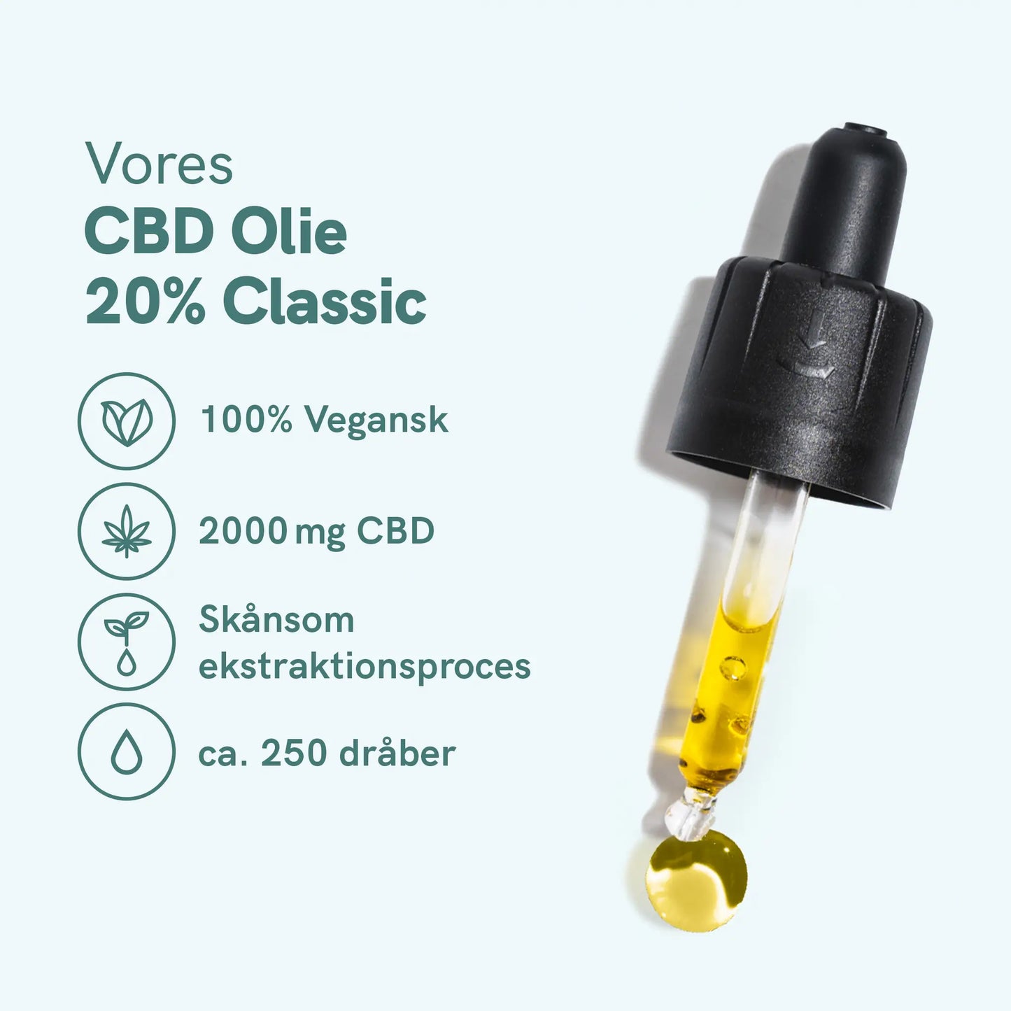 CBD-olie 20% Classic med dropper og olie på lyseblå baggrund