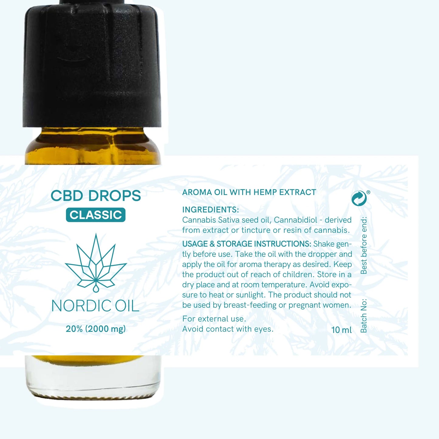 Amber glasflaske med CBD-dråber og Nordic Oil Classic-etiket.
