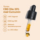 CBD-olie 20% med curcumin - dropper med gylden olie og tekst med ikoner: 100% vegansk, 2000 mg CBD, skånsom ekstraktionsproces, ca. 250 dråber.