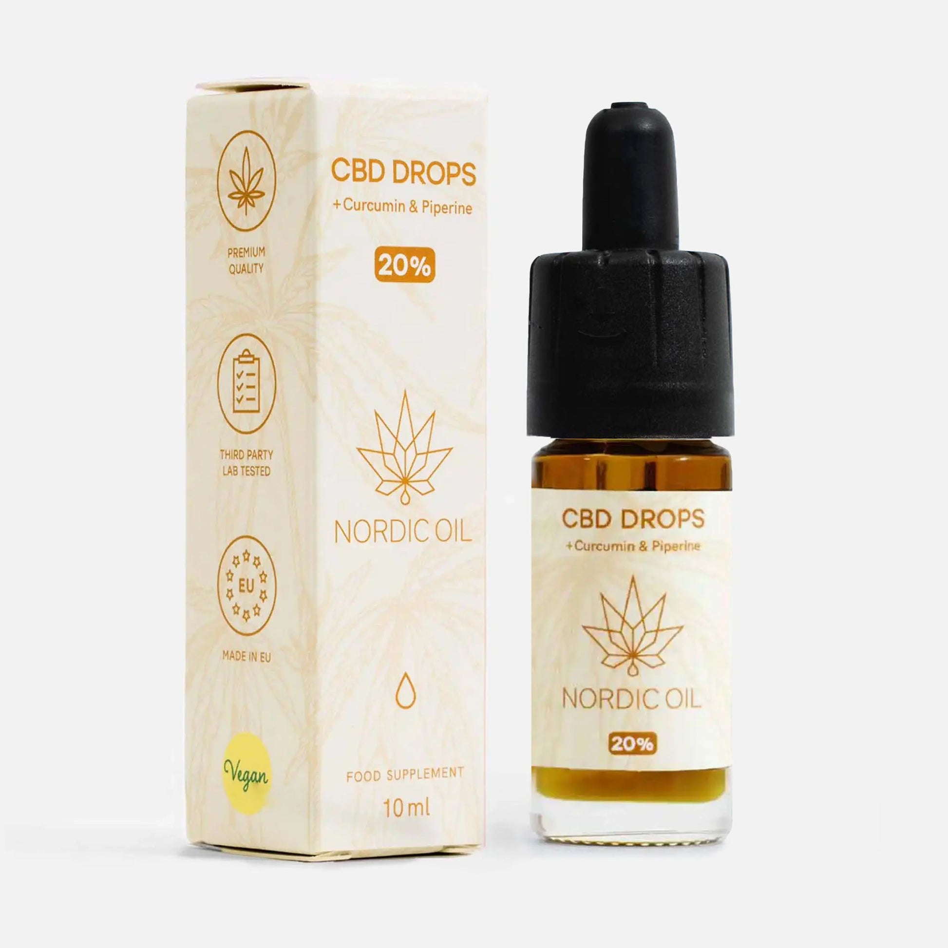 CBD-drops fra Nordic Oil med curcumin og piperin i en 10 ml flaske med dropper
