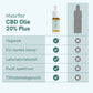 Infografik af CBD-olie 20% Plus med flaske og fordelstabel: vegansk, EU-dyrket Hamp, laboratorietestet, fuldt spektrum og tilfredshedsgaranti.