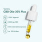 Vores CBD Olie 30% Plus med dropper og ikoner: 100% Vegansk, 3000 mg CBD, CO2-ekstraktionsproces, ca. 250 dråber