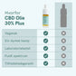 Infografik: CBD-olie 30% Plus med flaske og tabel, der viser vegansk, EU-dyrket hamp, laboratorietestet, fuldt spektrum og tilfredshedsgaranti