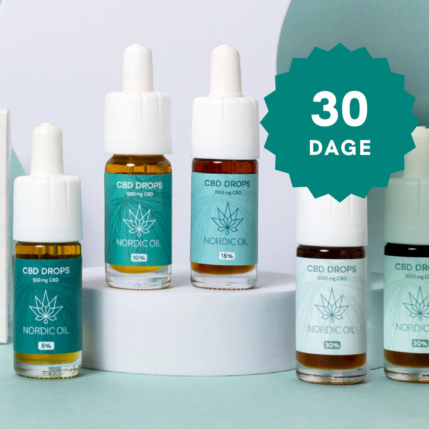 CBD-drops fra Nordic Oil i forskellige koncentrationer på en præsentationsplatform med 30 DAGE-badge