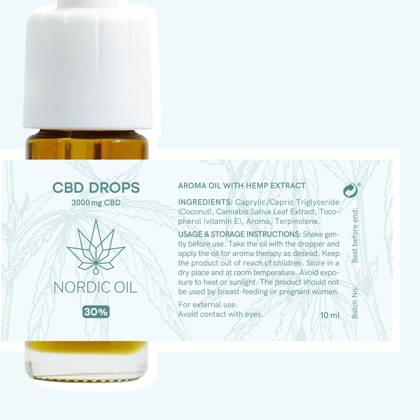 CBD-dråber i glasflaske med dropper og Nordic Oil-etiket