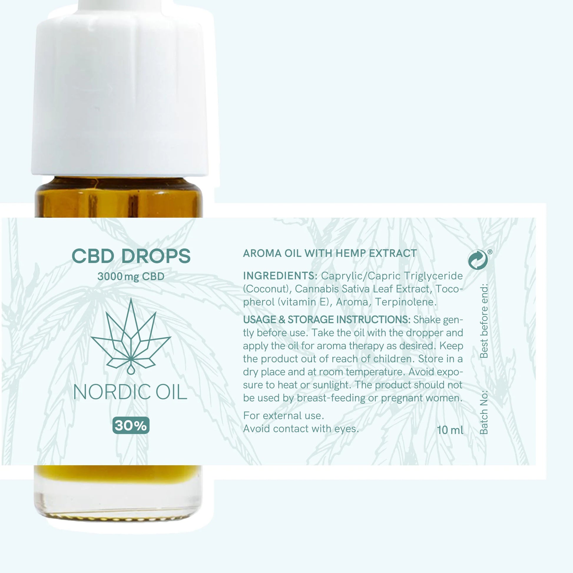 CBD-dråber i glasflaske med dropper og Nordic Oil-etiket