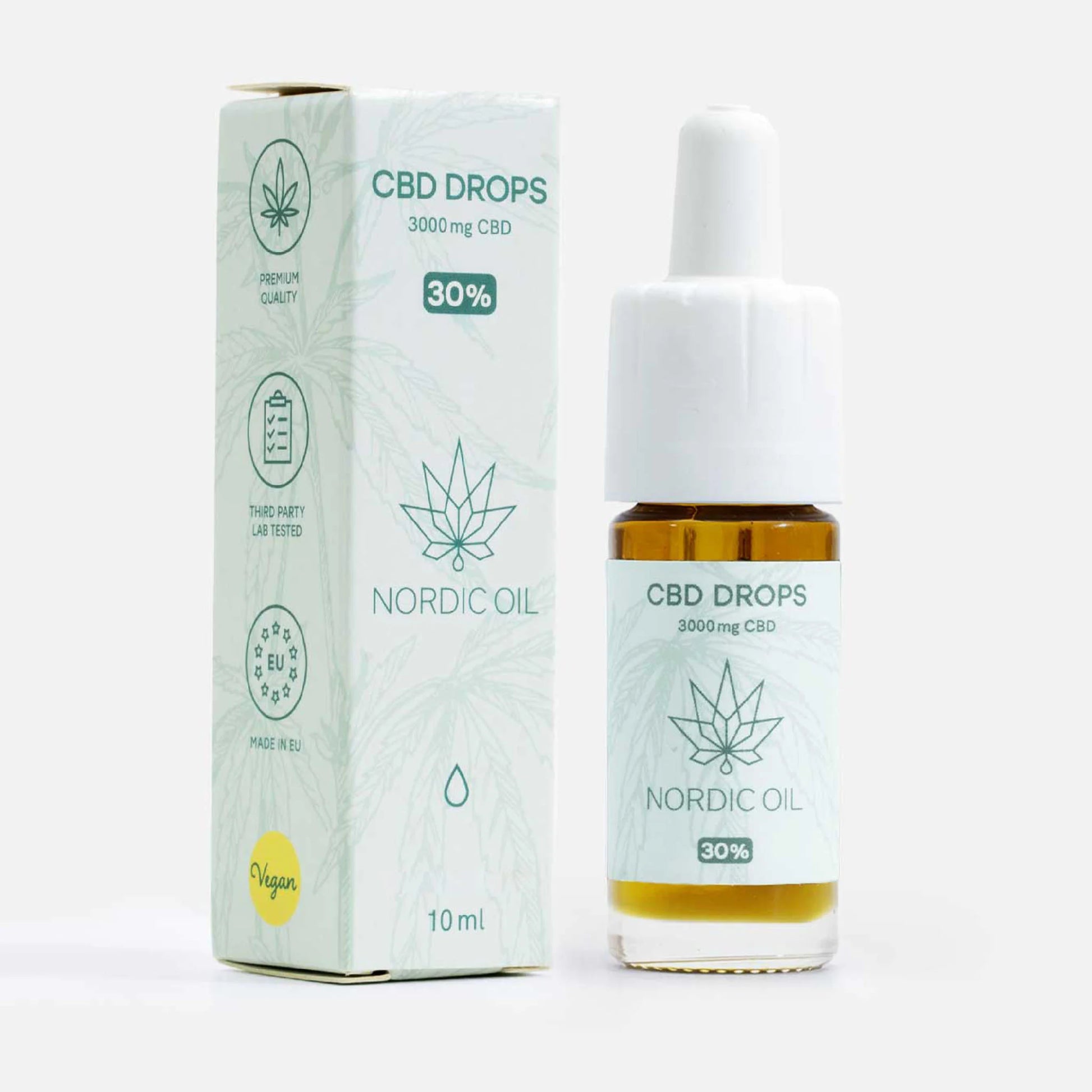 CBD-dropsflaske og æske fra Nordic Oil med 3000 mg CBD og 30%