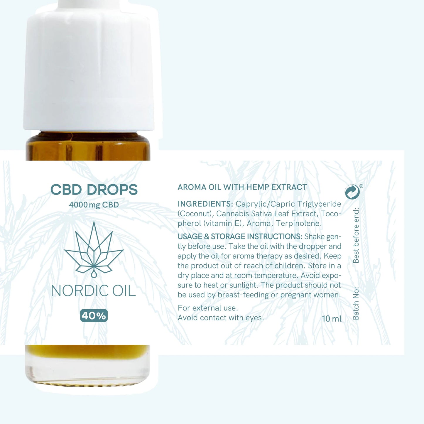 CBD-olie fra Nordic Oil i en amberflaske med hvidt låg og mærkat der viser 'CBD DROPS 4000 mg CBD' og en planteillustration
