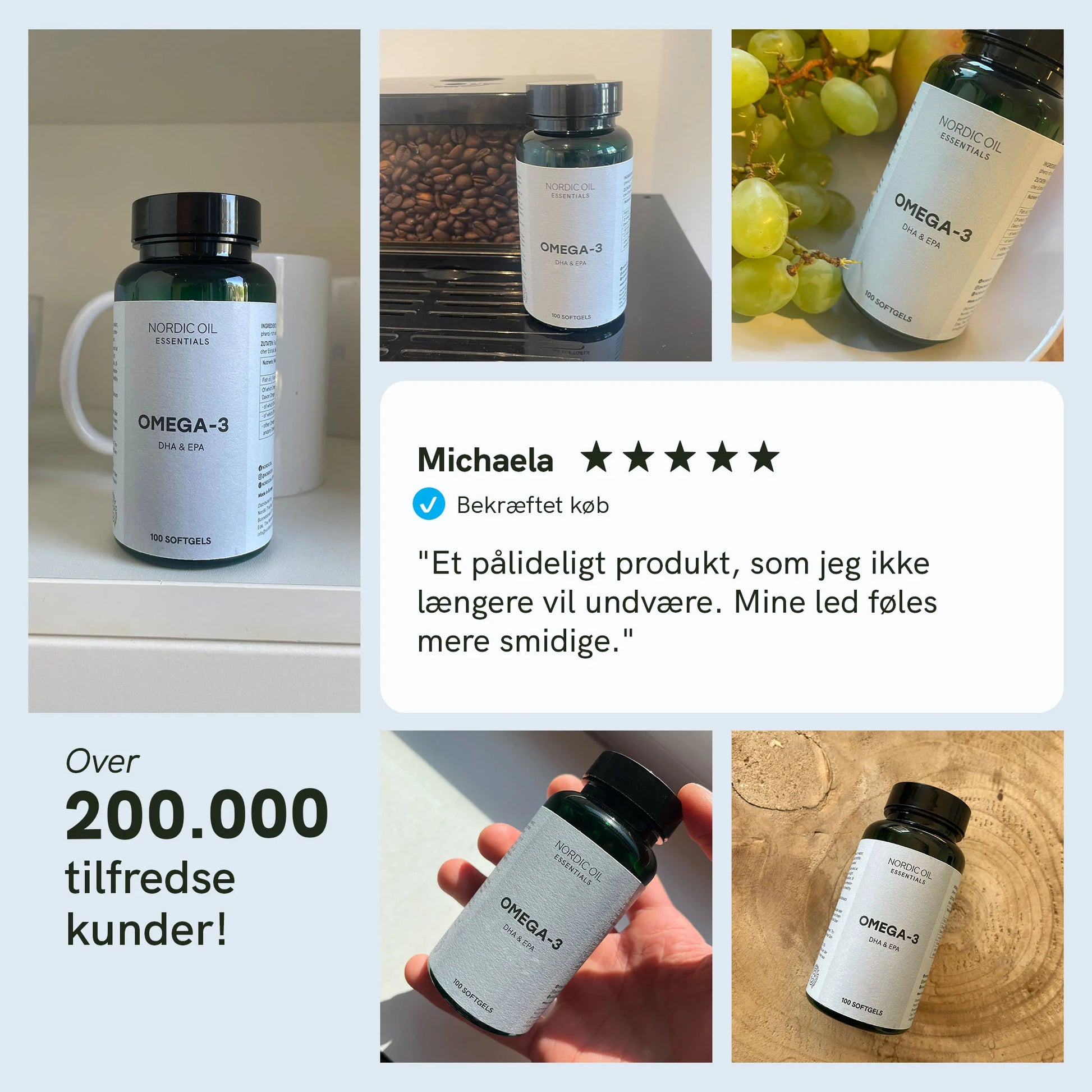 Kollage af Nordic Oil Omega-3-kapsler i forskellige billeder og en kundeanmeldelse.
