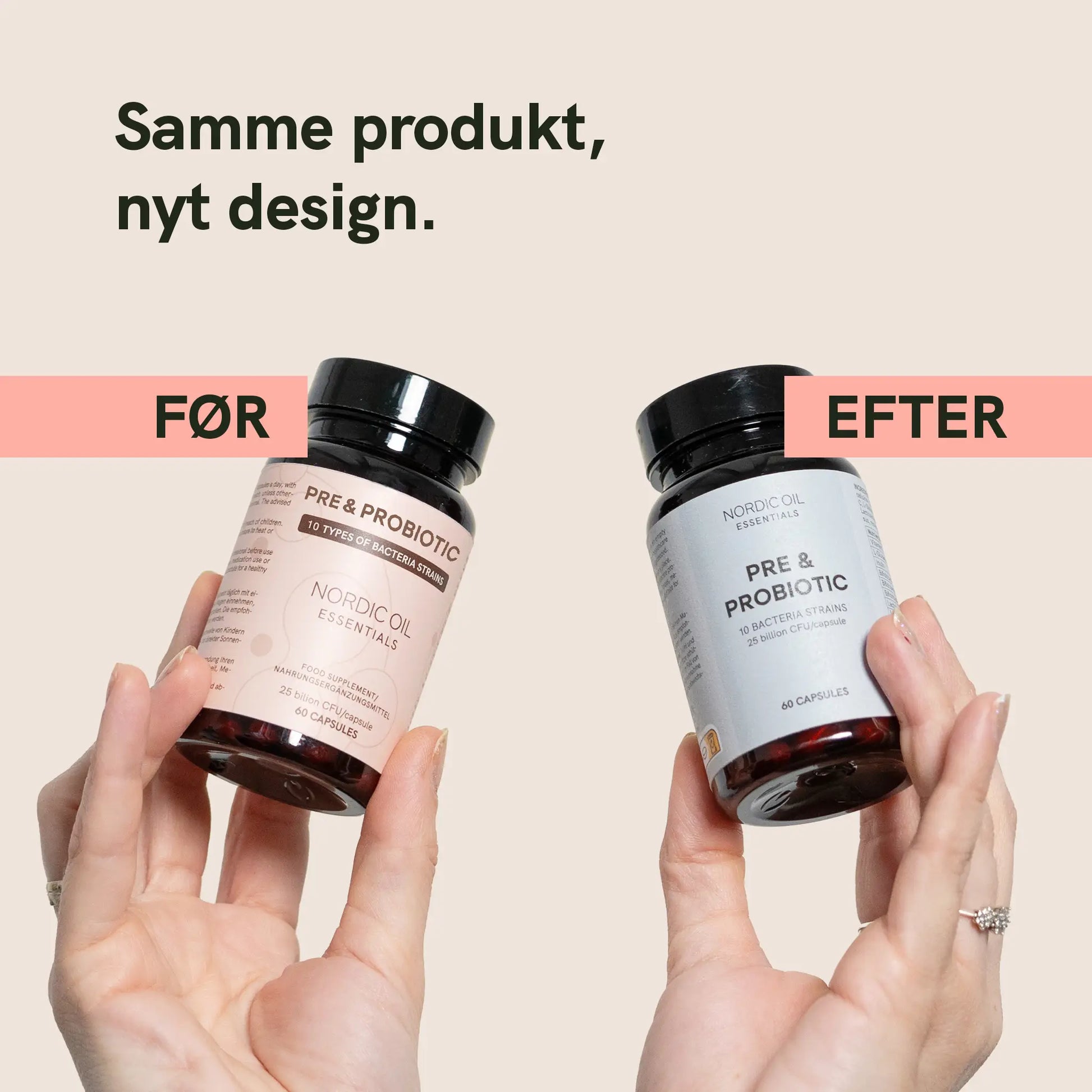 To Nordic Oil kosttilskudflasker med før og efter-design (FØR og EFTER)