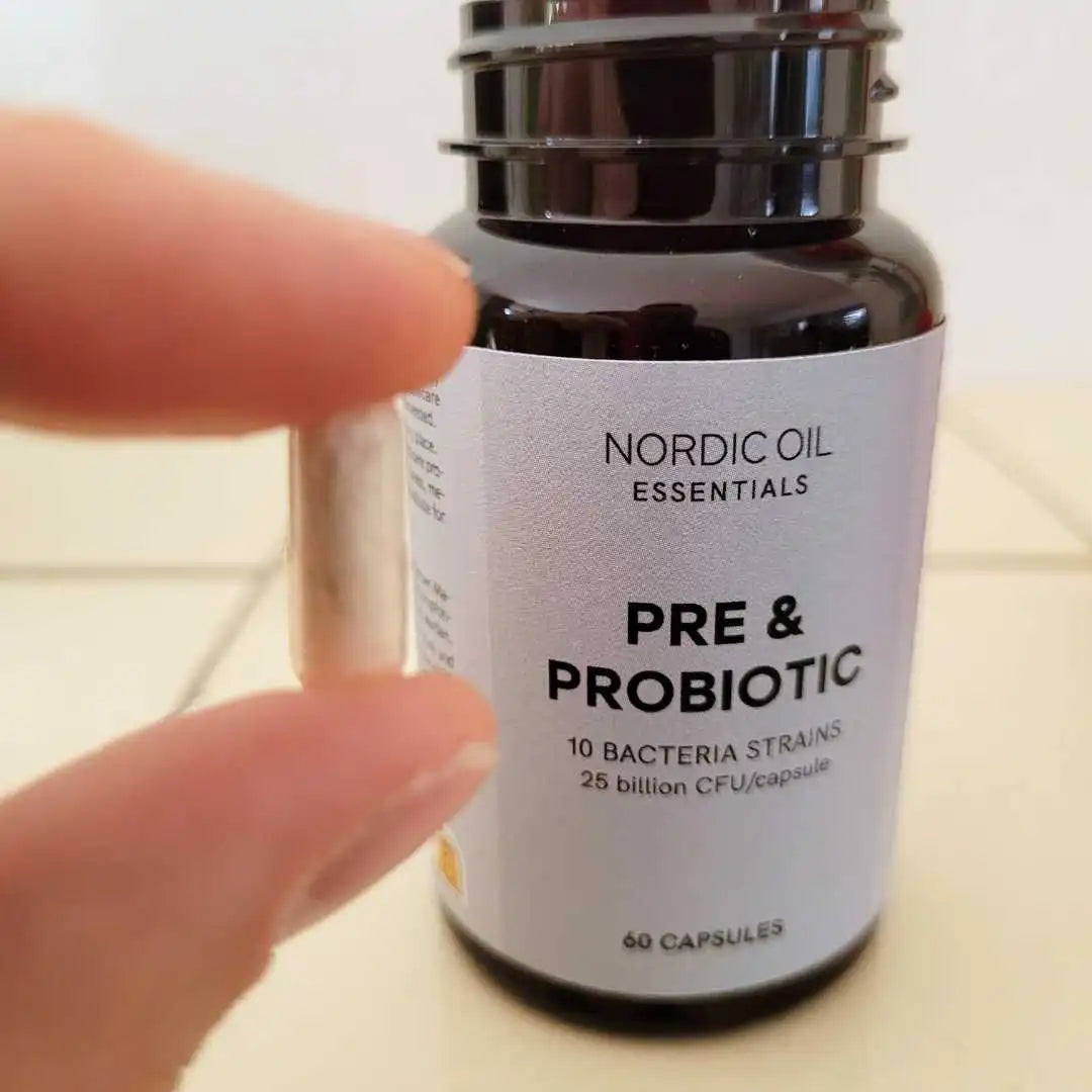 Nordic Oil Essentials Pre & Probiotic-kapsler i mørk glasflaske med hvid etiket, 60 kapsler